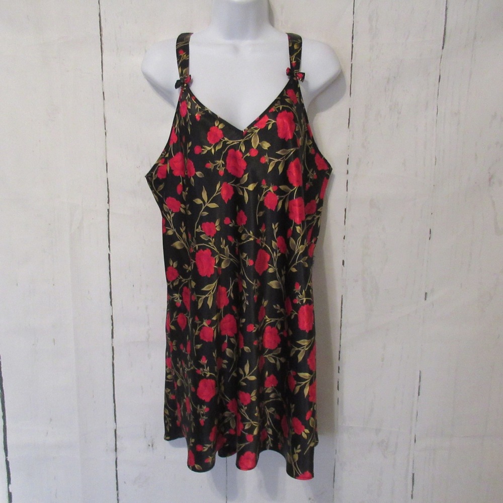 Vintage Morgan Taylor Nightgown L Black Floral Satin Slip Dress Whimsigoth Goth